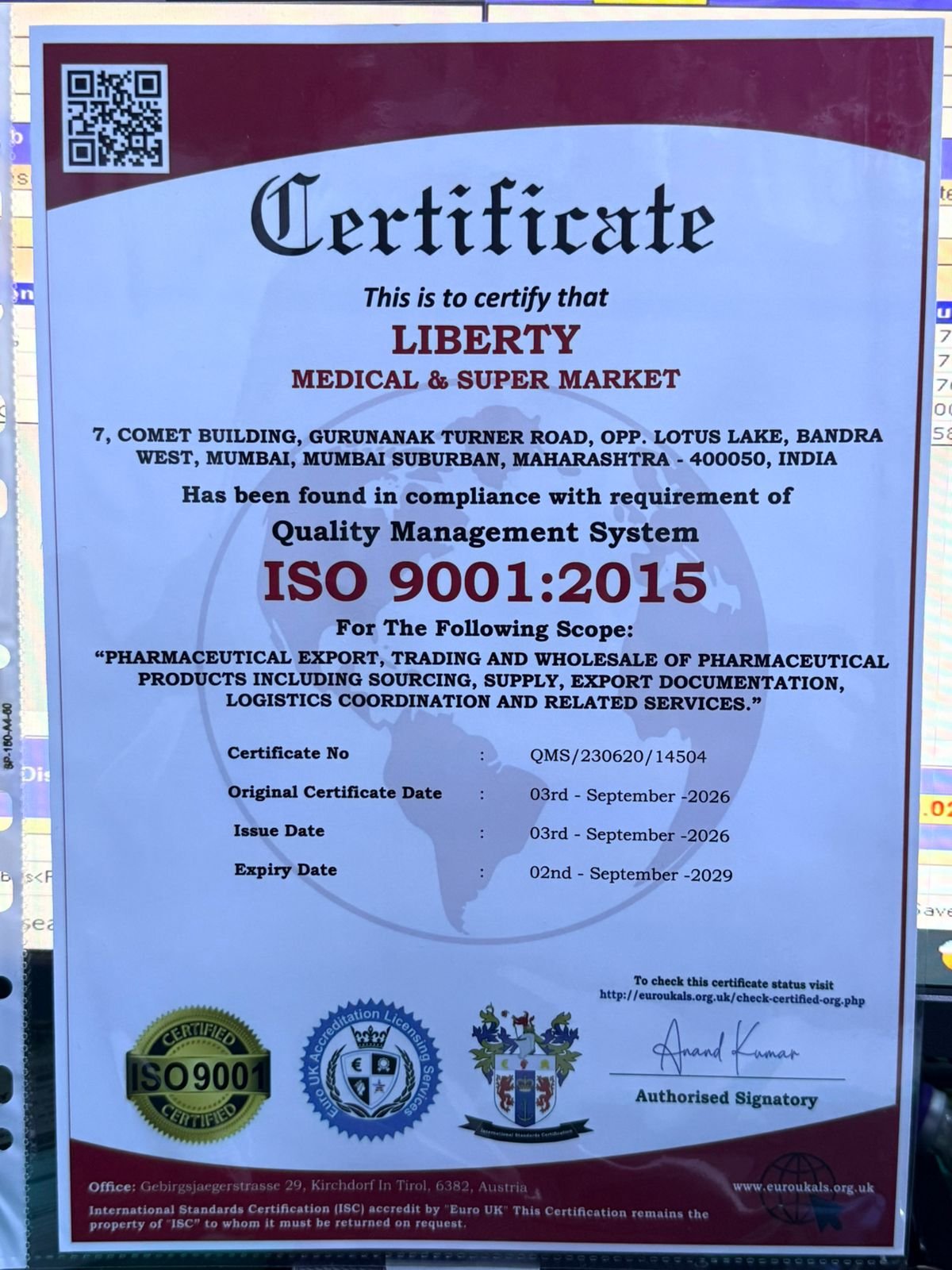 Liberty Medical & Super Market ISO 9001:2015 Certificate